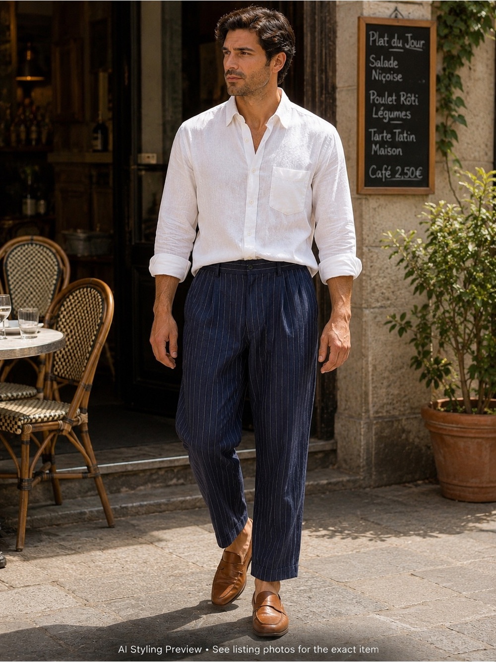 Uniqlo Linen Pinstripe Trousers Elastic Waist Navy Ankle L